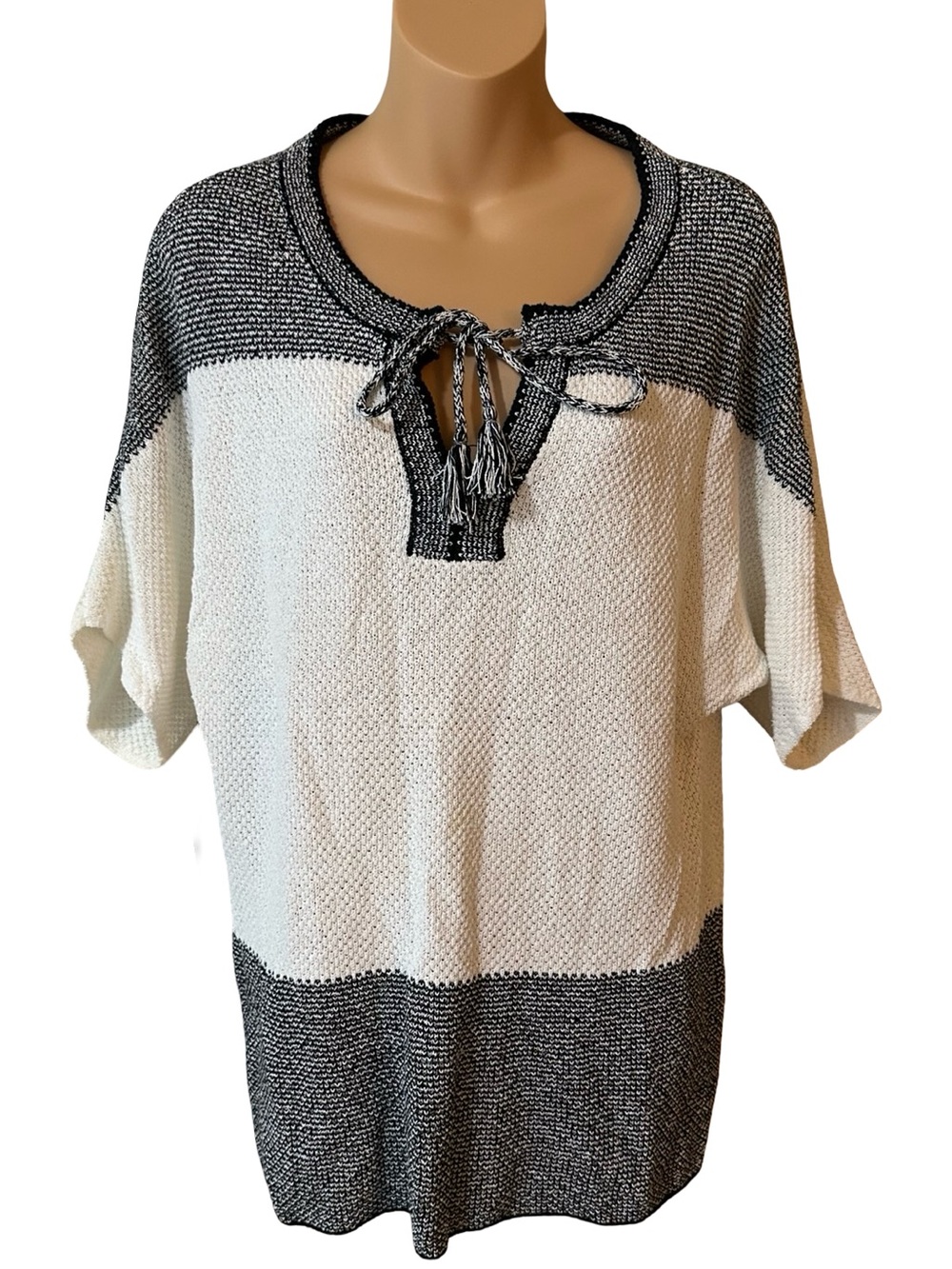 Christopher & Banks Colorblock Textured Knit Top Tassel Tie Neck P/XL